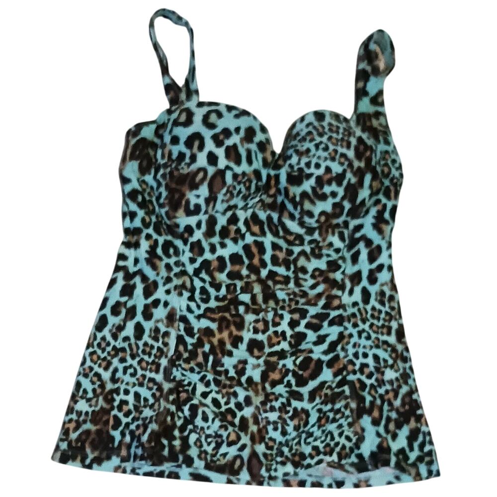 Beach Diva Womens Teal Leopard Tankini with Padded Bra Size 10 EUC